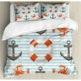 thumbnail image 1 of Nautical Duvet Cover Set Queen Size, Life Rings Anchor And Ropes Ocean Crabs Coastal Theme Teal Striped Print, Decorative 3 Piece Bedding Set with 2 Pillow Shams, Scarlet Black Teal, by Ambesonne, 1 of 3