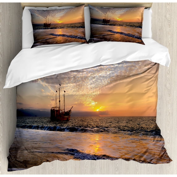 Nautical Duvet Cover Set Queen Size, Pirate Ship Sailing in Waves Fantasy in the Sea Horizon Moon Sky Surreal Scenery, Decorative 3 Piece Bedding Set with 2 Pillow Shams, Multicolor, by Ambesonne