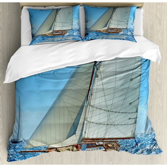 Nautical Duvet Cover Set, Sailboat on the Sea Regatta Race Yacht and Windy Weather Competition Theme, Decorative 3 Piece Bedding Set with 2 Pillow Shams, King Size, Blue White Brown, by Ambesonne