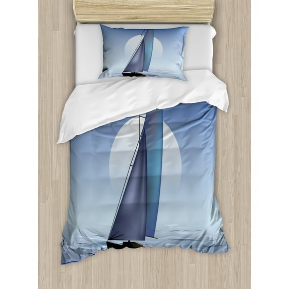 Nautical Duvet Cover Set, Sailing Boat in Moonrise Dramatic Sky Ocean Reflections Wavy Serene Illustration, Decorative 2 Piece Bedding Set with 1 Pillow Shams, Twin Size, Violet Blue, by Ambesonne