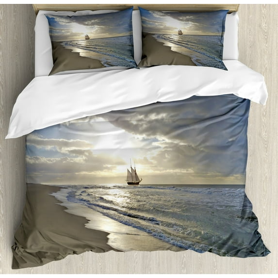 Nautical Duvet Cover Set, Sailing Ship Close to Sandy Beach in Moody Sunset Paradise Tropical Theme, Decorative 3 Piece Bedding Set with 2 Pillow Shams, Queen Size, White Beige, by Ambesonne