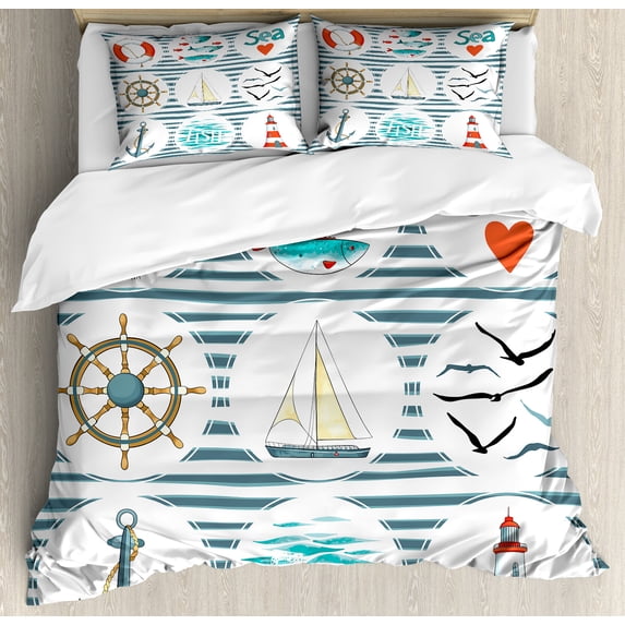 Nautical Duvet Cover Set, Sea Set Fishes Life Gulls Lighthouse Marine Inspired Maritime Theme, Decorative 3 Piece Bedding Set with 2 Pillow Shams, Queen Size, White Red Blue, by Ambesonne