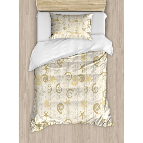 Nautical Duvet Cover Set, Sea Shells and Starfishes on Background with Vertical Curly Stripes, Decorative 2 Piece Bedding Set with 1 Pillow Shams, Twin Size, Eggshell Khaki Mustard, by Ambesonne