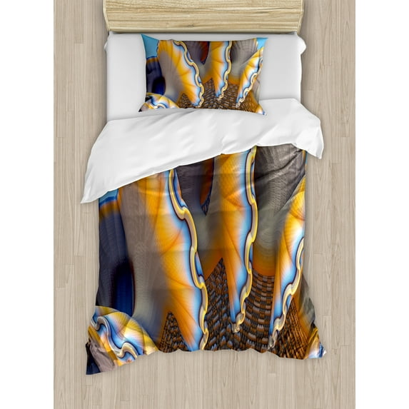 Nautical Duvet Cover Set, Shells in the Sea Ocean Sci Fi Style Featured Graphic, Decorative 2 Piece Bedding Set with 1 Pillow Shams, Twin Size, Blue and Apricot, by Ambesonne