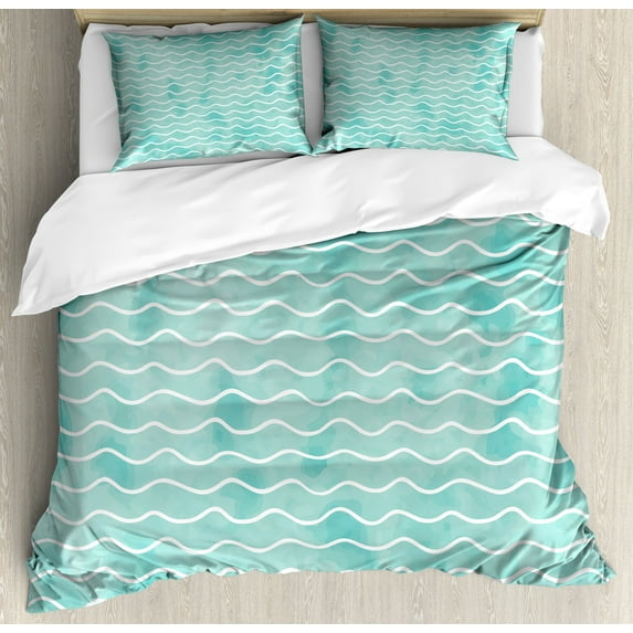 Nautical Duvet Cover Set, Soft Pastel Colored Ocean Sea Waves Pattern Summer Vibes Inspired Graphic, Decorative 3 Piece Bedding Set with 2 Pillow Shams, Calking Size, Turquoise White, by Ambesonne
