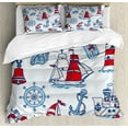 thumbnail image 1 of Nautical Duvet Cover Set, Symbolic Sea Creatures Navigation Gulls Compass Holiday Shell Water Design, Decorative 3 Piece Bedding Set with 2 Pillow Shams, King Size, Blue Red, by Ambesonne, 1 of 3