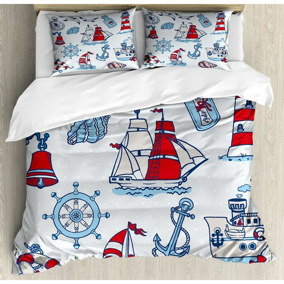 Nautical Duvet Cover Set, Symbolic Sea Creatures Navigation Gulls Compass Holiday Shell Water Design, Decorative 3 Piece Bedding Set with 2 Pillow Shams, Queen Size, Blue Red, by Ambesonne