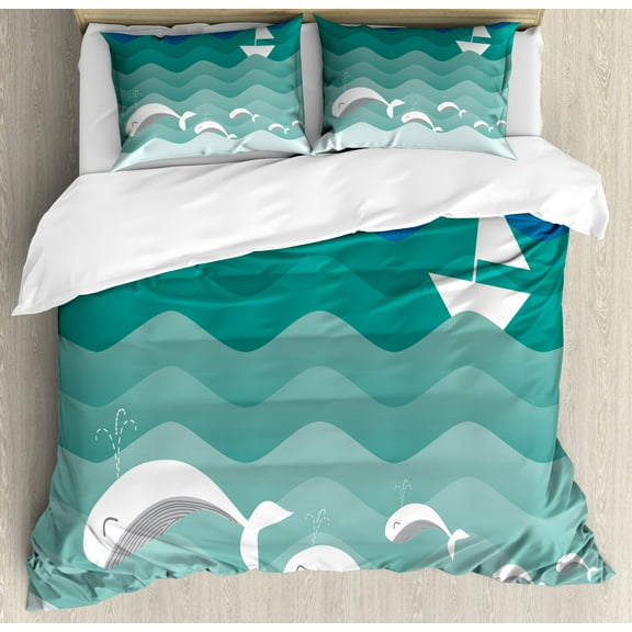 Nautical Duvet Cover Set, Theme Paper Boat Sea Happy Dolphins Underwater Animals Ocean, Decorative 3 Piece Bedding Set with 2 Pillow Shams, Calking Size, Blue Sea Green White, by Ambesonne