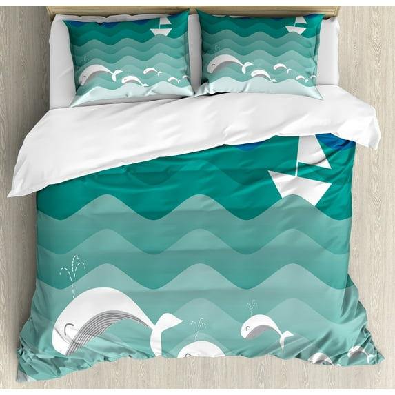 Nautical Duvet Cover Set, Theme Paper Boat Sea Happy Dolphins Underwater Animals Ocean, Decorative 3 Piece Bedding Set with 2 Pillow Shams, Calking Size, Blue Sea Green White, by Ambesonne