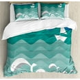 thumbnail image 1 of Nautical Duvet Cover Set, Theme Paper Boat Sea Happy Dolphins Underwater Animals Ocean, Decorative 3 Piece Bedding Set with 2 Pillow Shams, Queen Size, Blue Sea Green White, by Ambesonne, 1 of 3