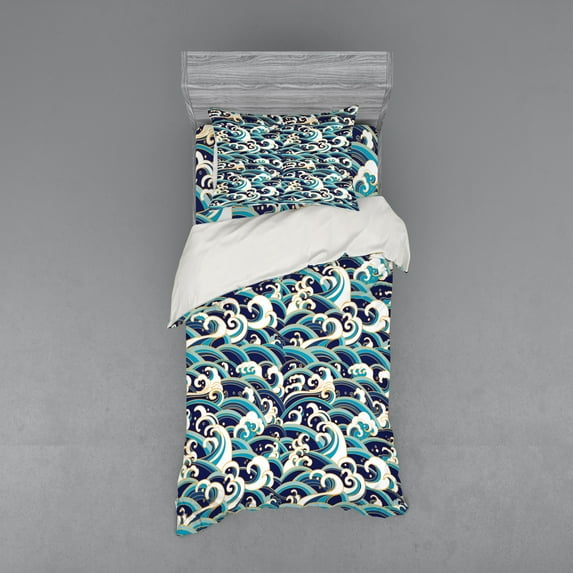 Nautical Duvet Cover Set, Traditional Oriental Style Ocean Waves Pattern Foam and Splashes Print, Bedding Set with Shams and Fitted Sheet, 3 Sizes, by Ambesonne