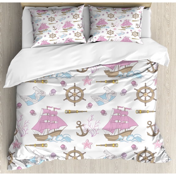 Nautical Duvet Cover Set, Travel Tale Ocean Anchor Island Cruise Jellyfish Steering Wheel Waves, Decorative 3 Piece Bedding Set with 2 Pillow Shams, Calking Size, Cocoa Dried Rose White, by Ambesonne