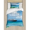 thumbnail image 1 of Nautical Duvet Cover Set, Traveling Themed View of Ship in the Aquatic World with Fluffy Clouds Day Time Landscape, Decorative 2 Piece Bedding Set with 1 Pillow Shams, Twin Size, Blue, by Ambesonne, 1 of 3