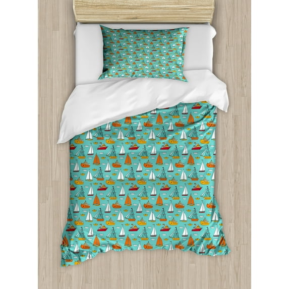 Nautical Duvet Cover Set Twin Size, Sea River and Ocean Transport on Turquoise Background Maritime Ships Sailboats, Decorative 2 Piece Bedding Set with 1 Pillow Sham, Multicolor, by Ambesonne