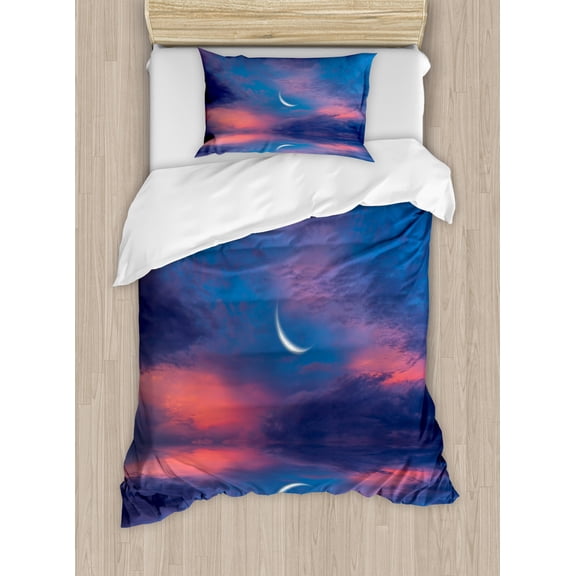 Nautical Duvet Cover Set Twin Size, Surreal Sky with Water Surface and Crescent Moon Fantasy Colors Scenery Image, Decorative 2 Piece Bedding Set with 1 Pillow Sham, Purple Pink, by Ambesonne