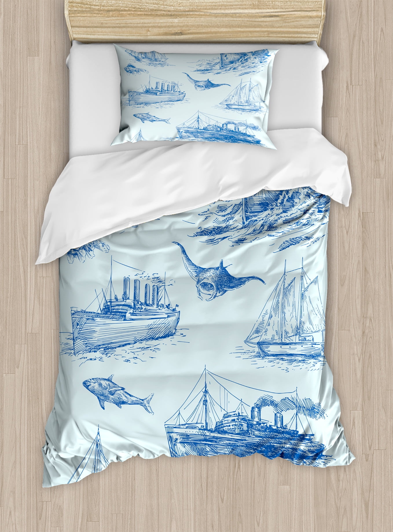 Nautical Duvet Cover Set, Nautical Underwater Wildlife Shark Boat Ships