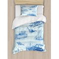 thumbnail image 1 of Nautical Duvet Cover Set, Nautical Underwater Wildlife Shark Boat Ships Navy Stormy Weather, Decorative 2 Piece Bedding Set with 1 Pillow Shams, Twin Size, Pale Blue Blue, by Ambesonne, 1 of 3