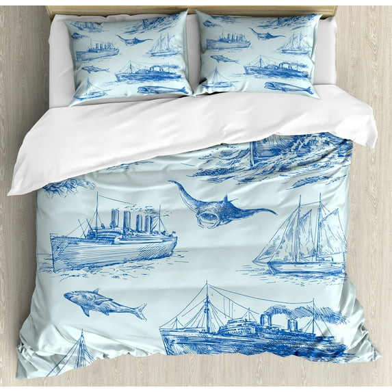 Nautical Duvet Cover Set, Nautical Underwater Wildlife Shark Boat Ships Navy Stormy Weather, Decorative 3 Piece Bedding Set with 2 Pillow Shams, Queen Size, Pale Blue Blue, by Ambesonne