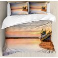 thumbnail image 1 of Nautical Duvet Cover Set, Vessel on Coast Long Exposure Dramatic Sunset Photo Solitude Lonely Twilight Theme, Decorative 3 Piece Bedding Set with 2 Pillow Shams, Calking Size, Blue Peach, by Ambesonne, 1 of 3
