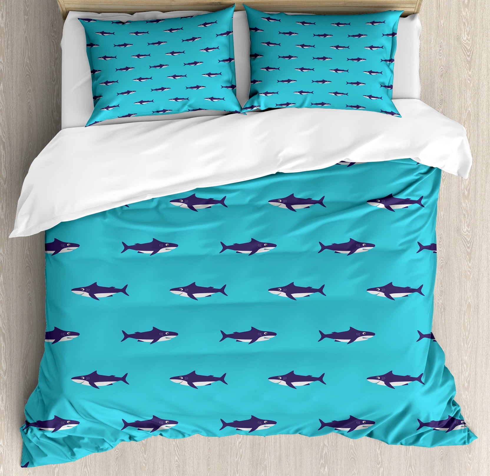 Nautical Duvet Cover Sets, Marine Theme Animal Illustration of Smiling Sharks Pattern in Cartoon ...