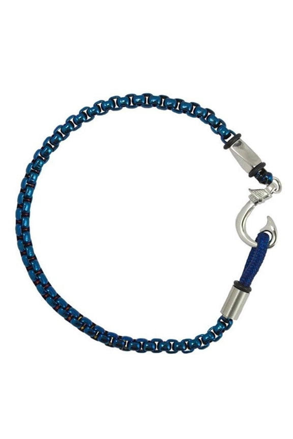 Nautical Electric Blue Rolo Chain Bracelet 316L Surgical Stainless Steel Fishermens Hook Fantasy Forge Jewelry