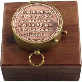 Nautical Engraved Brass Pocket Compass with Wooden Case Go Confidently in the Direction of Your Dreams Vintage Antique Maritime Collectible Gift Decor