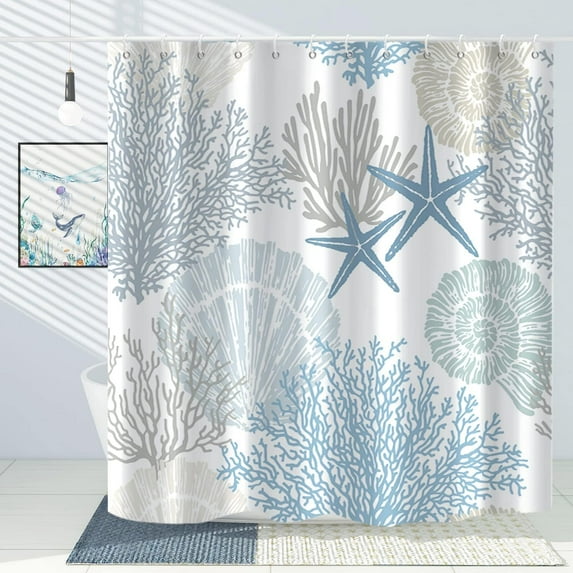Nautical Extra Long Shower Curtain, Coral Seashell Coastal Starfish Beach Machine Washable Waterproof Fabric for Bathroom Decor Bathtub with Hooks 72Wx84H