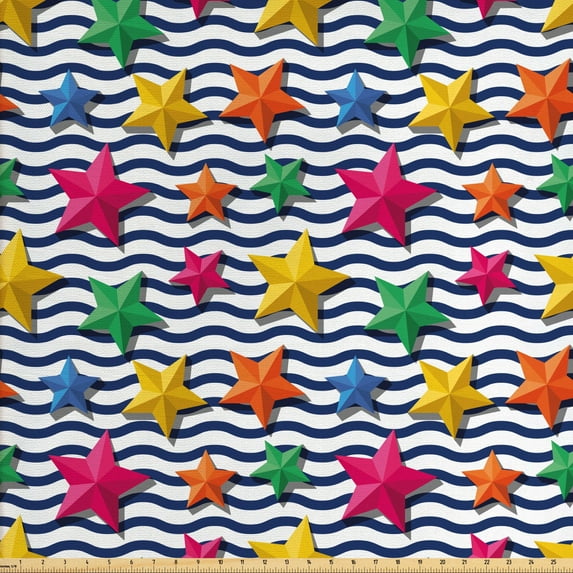 Ambesonne Nautical Fabric by the Yard Upholstery, 3D Stars Wavy Stripes, 3 Yards, Multicolor