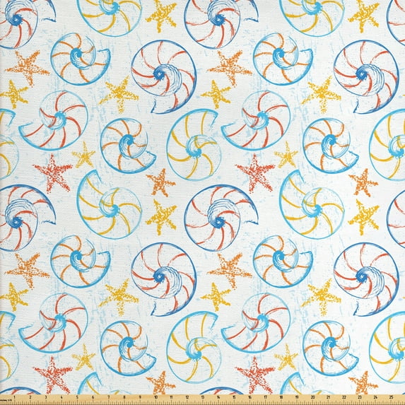 Nautical Fabric by the Yard, Funny Marine Pattern with Grunge Style Colorful Seashells and Starfishes, Decorative Upholstery Fabric for Chairs & Home Accents, Multicolor by Ambesonne