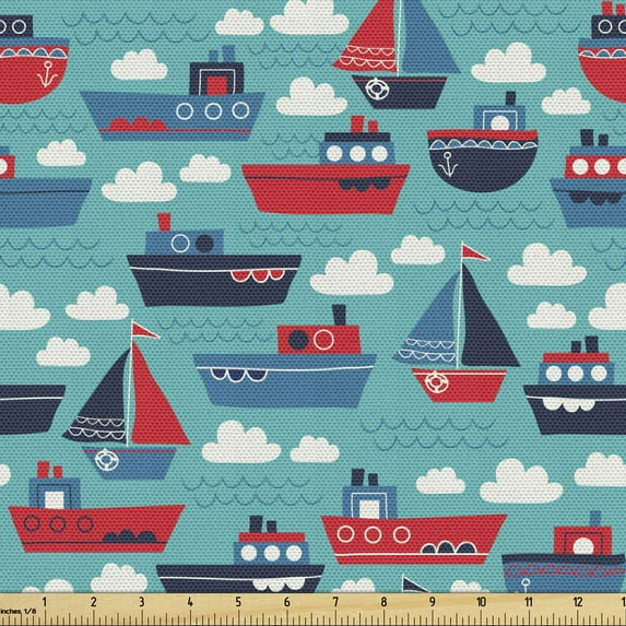 Ambesonne Nautical Fabric by the Yard Upholstery, Funny Ships and Sailboats, 3 Yards, Turquoise Vermilion Blue