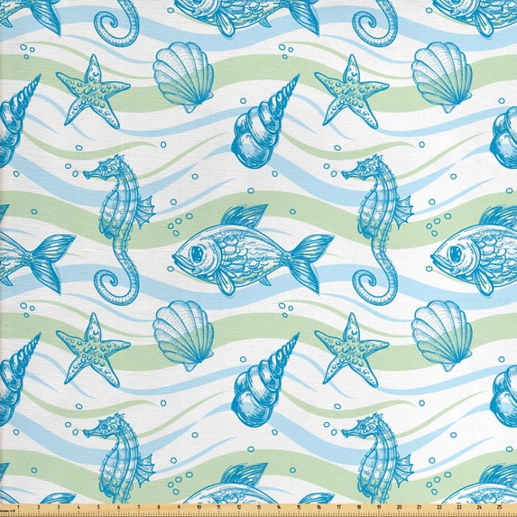 Nautical Fabric by the Yard, Marine Ocean Shell Starfish Oyster Mollusk Sea Horse Underwater Aquatic Pattern, Decorative Upholstery Fabric for Chairs & Home Accents, Mint Blue by Ambesonne