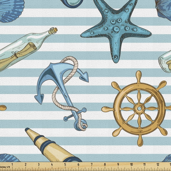 Ambesonne Nautical Fabric by the Yard Upholstery, Anchor Wheel Starfish, 1 Yard, Blue and Apricot