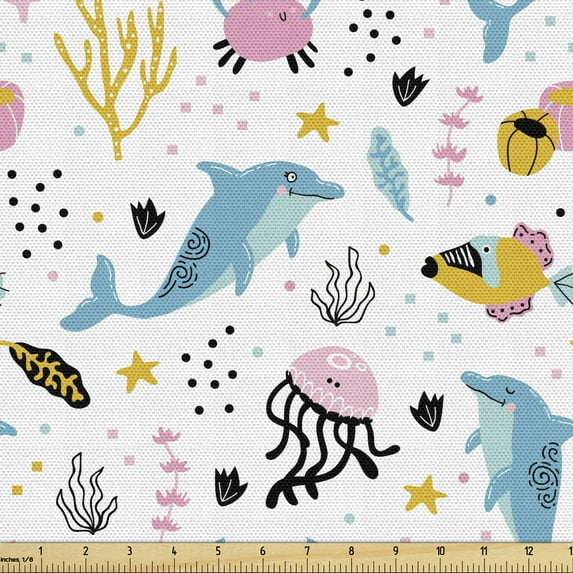 Ambesonne Nautical Fabric by the Yard Upholstery, Happy Underwater Life, 2 Yards, Multicolor