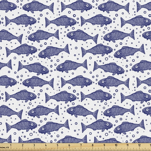 Ambesonne Nautical Fabric by the Yard Upholstery, Hand Drawn Fish Bubbles, 1 Yard, Violet Blue and White