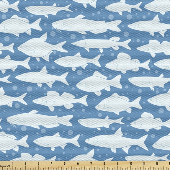 Ambesonne Nautical Fabric by the Yard Upholstery, Fish and Bubbles Seascape, 1 Yard, Blue
