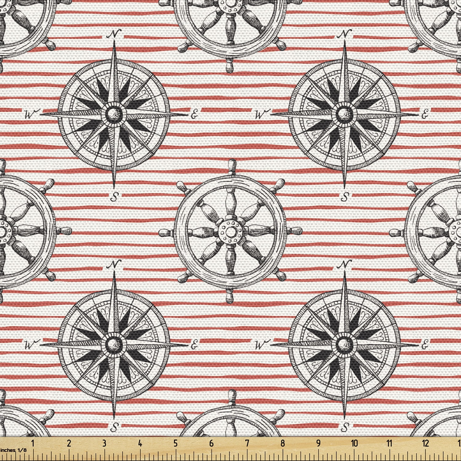 Ambesonne Nautical Fabric by the Yard Upholstery, Ship Wheel and Compass, 10 Yards, Multicolor ...