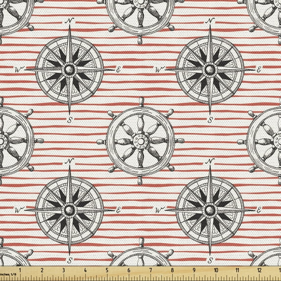 Ambesonne Nautical Fabric by the Yard Upholstery, Ship Wheel and Compass, 10 Yards, Multicolor