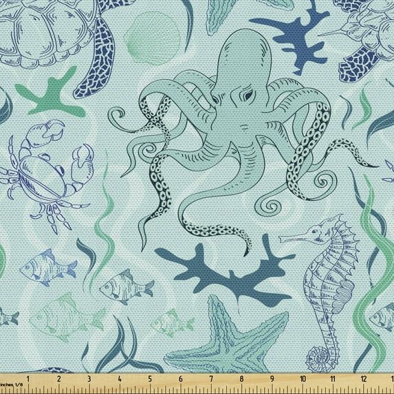 Nautical Fabric by the Yard, Oceanic Sea Animals Organisms Plantations Seaweed Fish Octopus, Upholstery Fabric for Dining Chairs Home Decor Accents, Pale Petrol Blue and Seafoam by Ambesonne