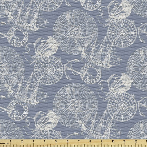 Ambesonne Nautical Fabric by the Yard Upholstery, Sail Boats Anchor Ship, 10 Yards, Ivory Blue Grey