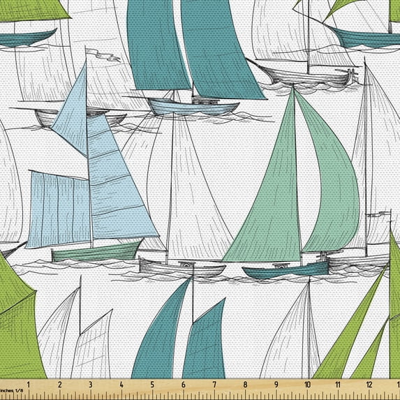Ambesonne Nautical Fabric by the Yard Upholstery, Sailing Boat Theme, 1 Yard, Multicolor