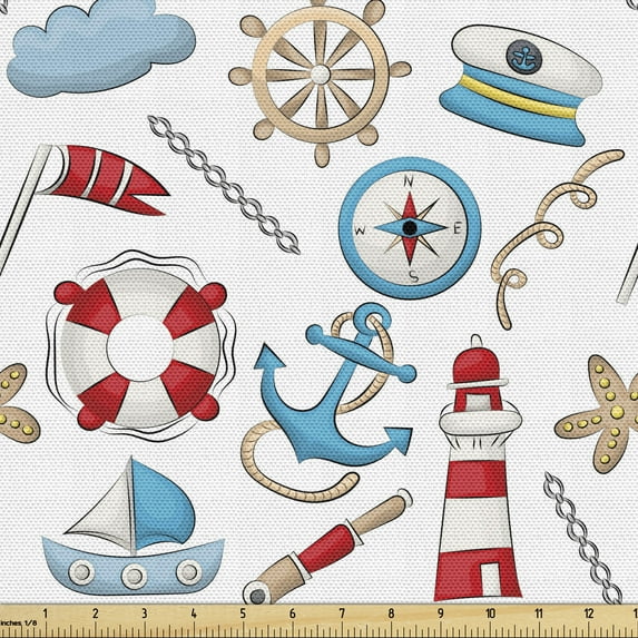 Ambesonne Nautical Fabric by the Yard Upholstery, Marine Objects, 2 Yards, White Multicolor