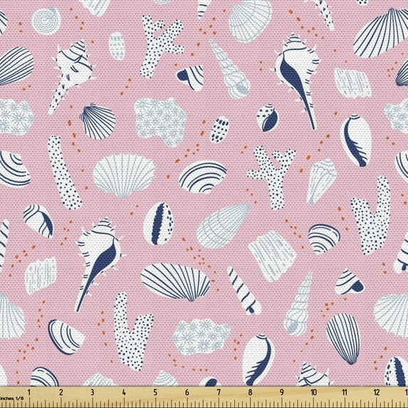 Ambesonne Nautical Fabric by the Yard Upholstery, Sea Shells Marine Life, 1 Yard, Pink Blue