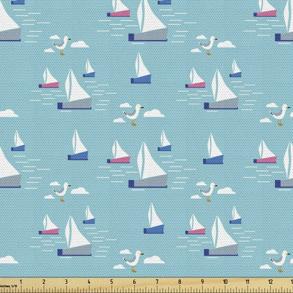 Ambesonne Nautical Fabric by the Yard Upholstery, Sea Yachts Floating Waves, 10 Yards, Pale Blue and Multicolor
