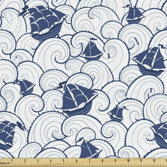Ambesonne Nautical Fabric by the Yard Upholstery, Boat on Ocean Journey, 1 Yard, Blue and White