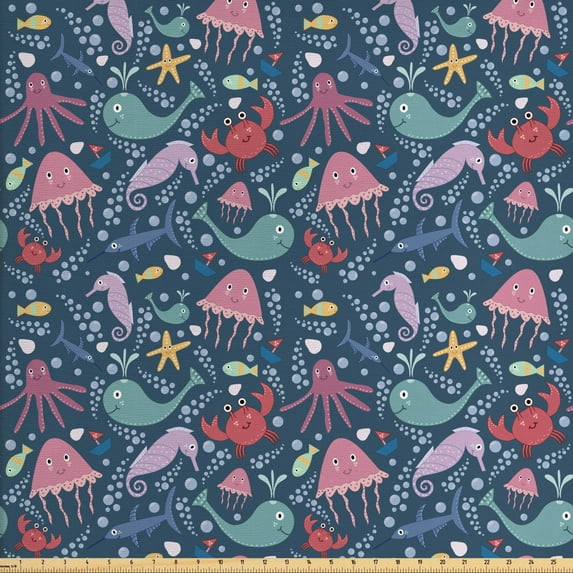 Nautical Fabric by the Yard, Underwater Wildlife Theme Marine Cartoon Pattern with Various Funny Sea Animals, Upholstery Fabric for Dining Chairs Home Decor Accents, Multicolor by Ambesonne
