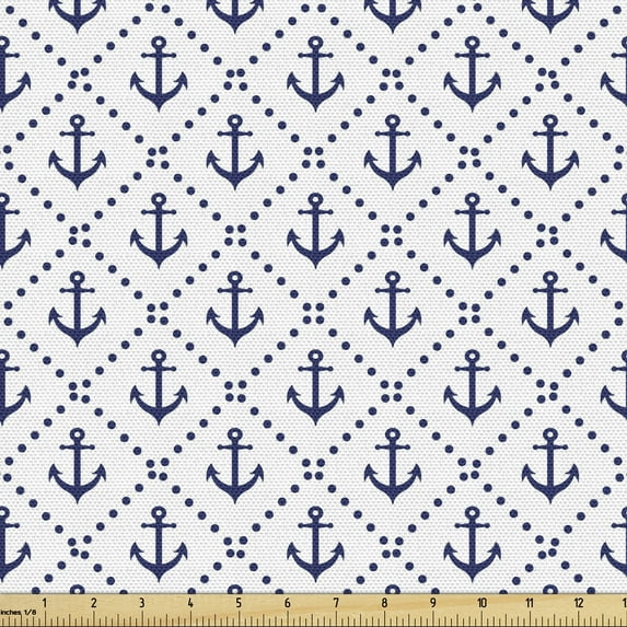 Ambesonne Nautical Fabric by the Yard Upholstery, Anchors in Diamond Check, 5 Yards, Night Blue and White
