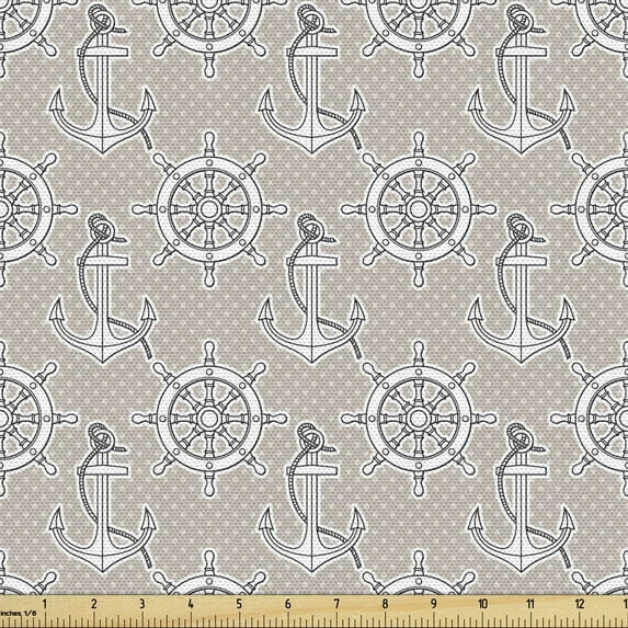 Ambesonne Nautical Fabric by the Yard Upholstery, Anchors Ship Wheels Art, 3 Yards, Pale Sepia and White