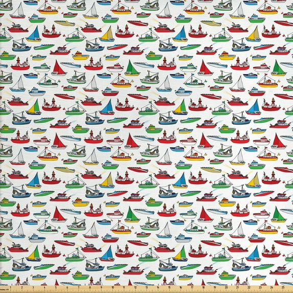 Ambesonne Nautical Fabric by the Yard Upholstery, Cartoon Fishing Boats, 3 Yards, Multicolor