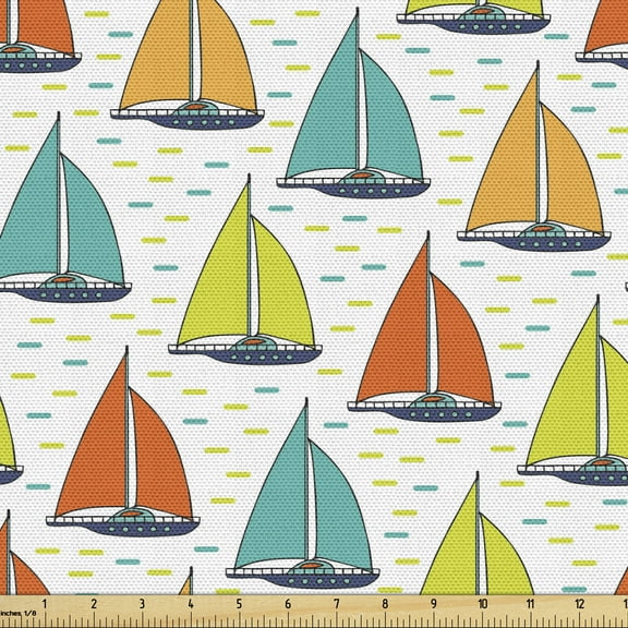 Ambesonne Nautical Fabric by the Yard Upholstery, Colorful Windboats on Sea, 3 Yards, Multicolor
