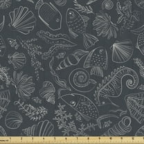 Ambesonne Nautical Fabric by the Yard Upholstery, Coral Shell Seahorse, 1 Yard, Charcoal Grey and White
